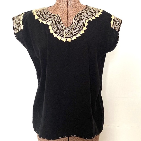 Vintage Tops - VTG 1970s Top Black Crepe Hand Embroidery Indian or Mexican Boho Vintage